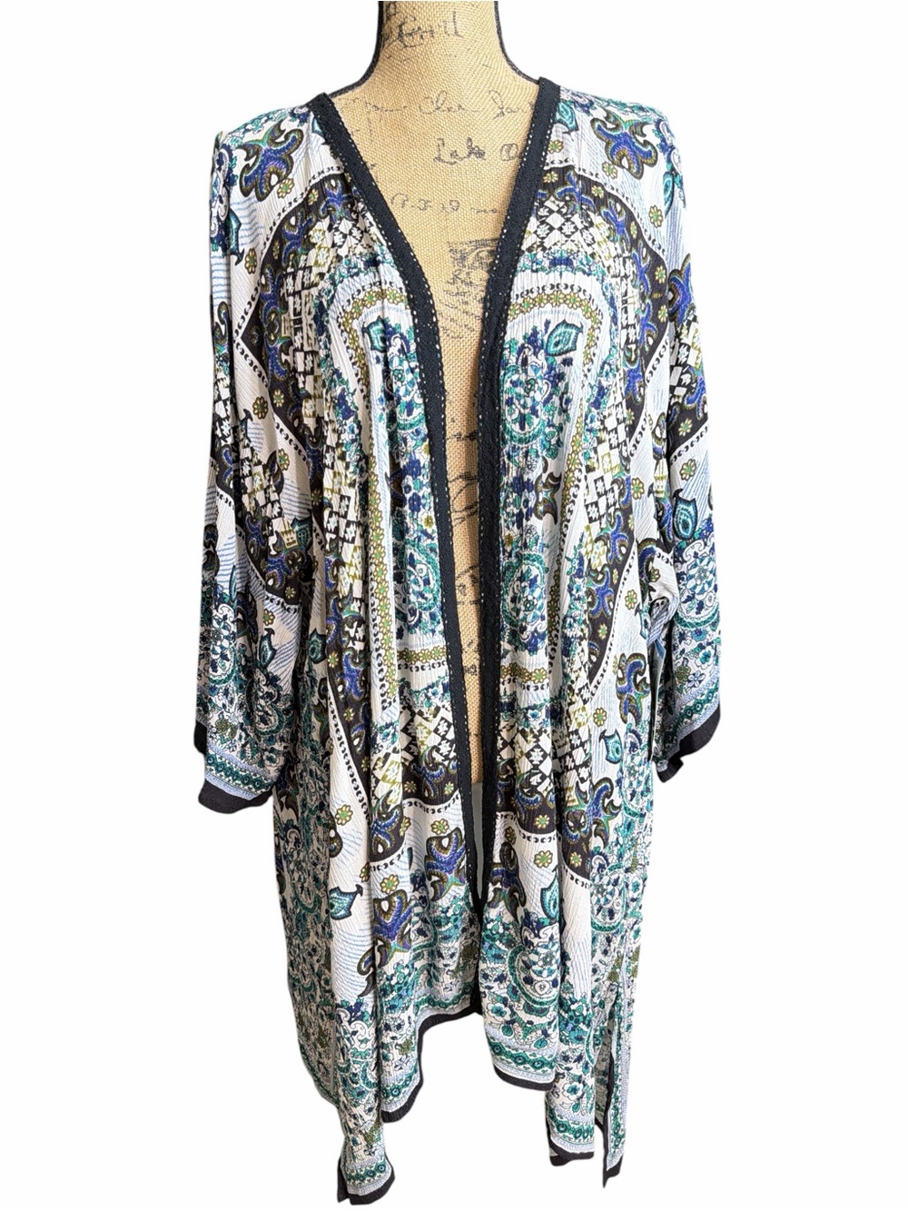 Open Front Paisley Print Kimono - Teal, Black & White. NWT. Size XL- XXL